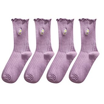 Women's 4 Pairs Ribbed Knit Socks with Daisy Embroidery Lettuce Edge Cuffs Soft Stretch Fabric