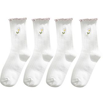 Women's 4 Pairs Ribbed Knit Socks with Daisy Embroidery Lettuce Edge Cuffs Soft Stretch Fabric
