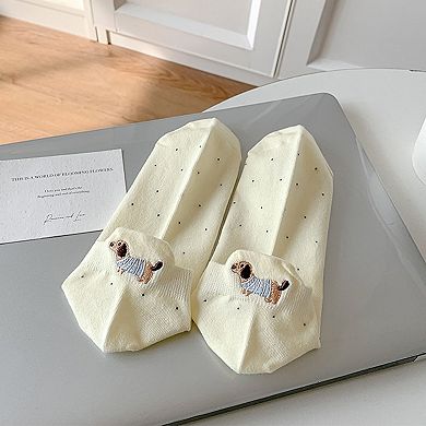 Women's 3-Pair No-Show Socks with Embroidered Dog Design and Soft Knit Low-Cut Fit
