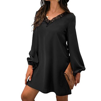 Women's Long Sleeve Mini Shift Dress with V-Neckline and Lace Trim Detail