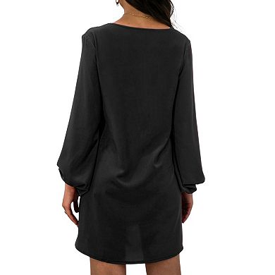 Women's Long Sleeve Mini Shift Dress with V-Neckline and Lace Trim Detail