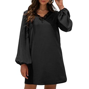 Women's Long Sleeve Mini Shift Dress with V-Neckline and Lace Trim Detail