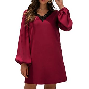 Women's Long Sleeve Mini Shift Dress with V-Neckline and Lace Trim Detail