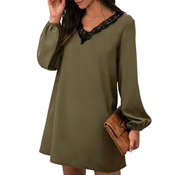 Women's Long Sleeve Mini Shift Dress with V-Neckline and Lace Trim Detail
