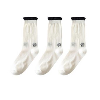 Women's 3-Pack Sheer Floral Embroidered Socks with Contrast Ruffle Cuff and Delicate Flower Accents