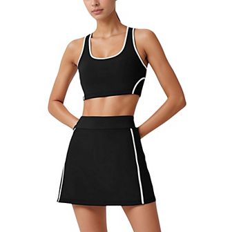 Women's Two-Piece Activewear Set with Contrast Trim Sports Bra Tank and High Waist Skirt