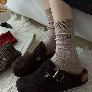 Women's 3-Pack Ribbed Crew Socks with Subtle Flecked Texture and Mini Embroidered Bow Accent