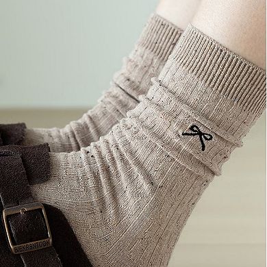 Women's 3-Pack Ribbed Crew Socks with Subtle Flecked Texture and Mini Embroidered Bow Accent