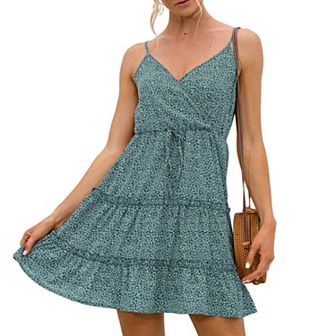 Women's Sleeveless V-Neck Mini Dress with Adjustable Spaghetti Straps and Tiered Ruffle Hem