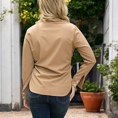Women's Long Sleeve Button Down Shirt with Front Chest Pockets and Adjustable Side Tie Accents