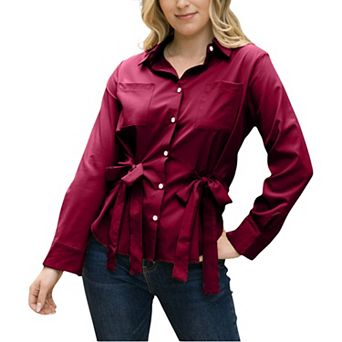 Women's Long Sleeve Button Down Shirt with Front Chest Pockets and Adjustable Side Tie Accents
