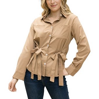 Women's Long Sleeve Button Down Shirt with Front Chest Pockets and Adjustable Side Tie Accents