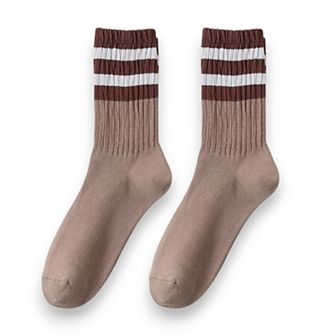 Women's 3-Pack Mid Crew Cotton Socks with Striped Cuffs Ribbed Knit Casual and Easy Matching