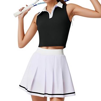 Women's Two-Piece Tennis Set with Sleeveless Polo Crop Top and Pleated High Waist Skirt