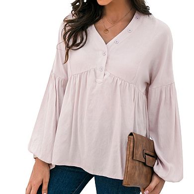 Women's Long Sleeve Button Front Peasant Top with Gathered Waist and Flowy Fit