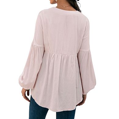 Women's Long Sleeve Button Front Peasant Top with Gathered Waist and Flowy Fit