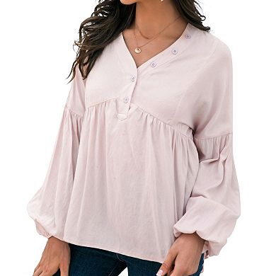 Women's Long Sleeve Button Front Peasant Top with Gathered Waist and Flowy Fit