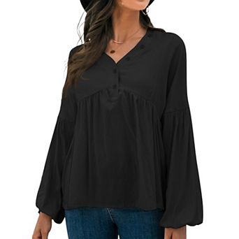 Women's Long Sleeve Button Front Peasant Top with Gathered Waist and Flowy Fit