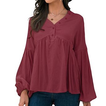 Women's Long Sleeve Button Front Peasant Top with Gathered Waist and Flowy Fit