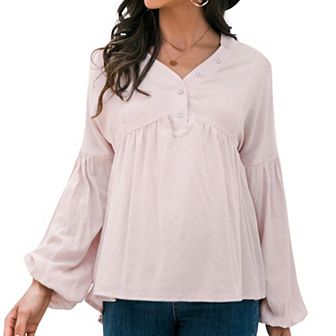Women's Long Sleeve Button Front Peasant Top with Gathered Waist and Flowy Fit