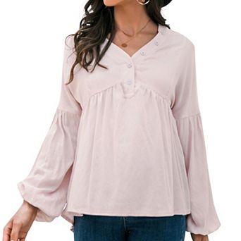 Women's Long Sleeve Button Front Peasant Top with Gathered Waist and Flowy Fit