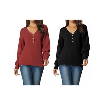 2 Packs Women's Fall Winter Long Sleeve V Neck ButtonSolid Color Ribbed Knit Pullover Jumper Sweater