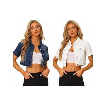 2 Packs Women's Casual Short Sleeves Button Cropped Denim Jacket