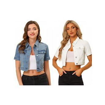 2 Packs Women's Casual Short Sleeves Button Cropped Denim Jacket