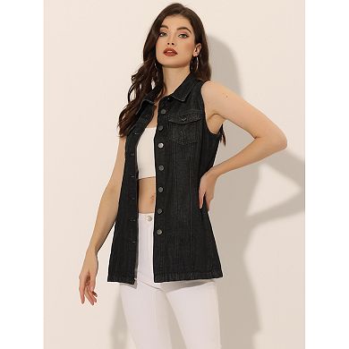 2 Packs Women's Casual Button Down Sleeveless Pockets Mid-Long Denim Vest