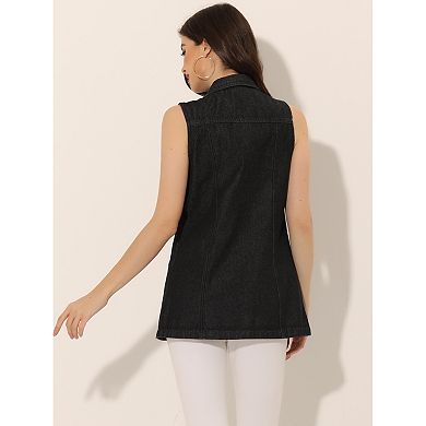 2 Packs Women's Casual Button Down Sleeveless Pockets Mid-Long Denim Vest