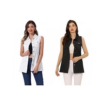 2 Packs Women's Casual Button Down Sleeveless Pockets Mid-Long Denim Vest