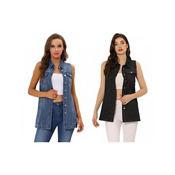 2 Packs Women's Casual Button Down Sleeveless Pockets Mid-Long Denim Vest