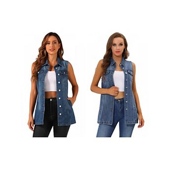 2 Packs Women's Casual Button Down Sleeveless Pockets Mid-Long Denim Vest
