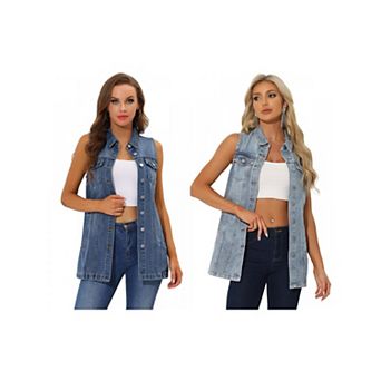 2 Packs Women's Casual Button Down Sleeveless Pockets Mid-Long Denim Vest