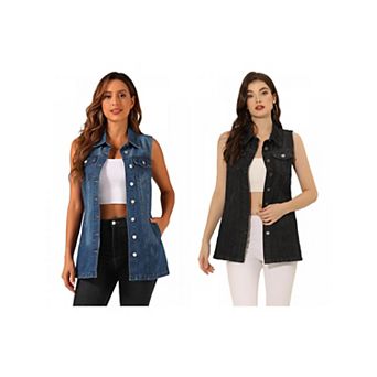 2 Packs Women's Casual Button Down Sleeveless Pockets Mid-Long Denim Vest