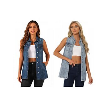 2 Packs Women's Casual Button Down Sleeveless Pockets Mid-Long Denim Vest
