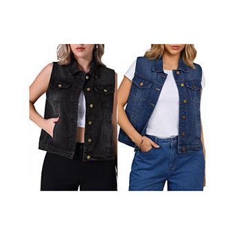 2 Packs Women's Denim Vest Button Down W Chest Flap Pockets Washed Distressed Sleeveless Jean Jacket