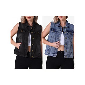2 Packs Women's Denim Vest Button Down W Chest Flap Pockets Washed Distressed Sleeveless Jean Jacket