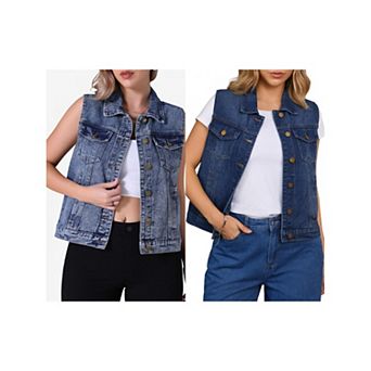 2 Packs Women's Denim Vest Button Down W Chest Flap Pockets Washed Distressed Sleeveless Jean Jacket