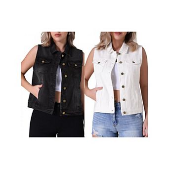 2 Packs Women's Denim Vest Button Down W Chest Flap Pockets Washed Distressed Sleeveless Jean Jacket