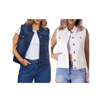 2 Packs Women's Denim Vest Button Down W Chest Flap Pockets Washed Distressed Sleeveless Jean Jacket