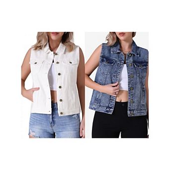 2 Packs Women's Denim Vest Button Down W Chest Flap Pockets Washed Distressed Sleeveless Jean Jacket
