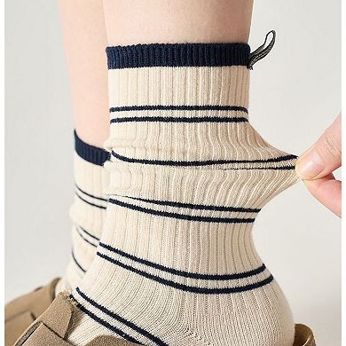 Women's Minimalist Stripe Crew Socks 3-Pack Ribbed and Patterned Design in Neutral Tones