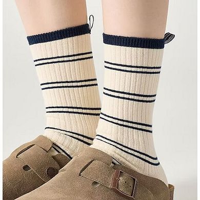 Women's Minimalist Stripe Crew Socks 3-Pack Ribbed and Patterned Design in Neutral Tones