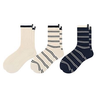 Women's Minimalist Stripe Crew Socks 3-Pack Ribbed and Patterned Design in Neutral Tones