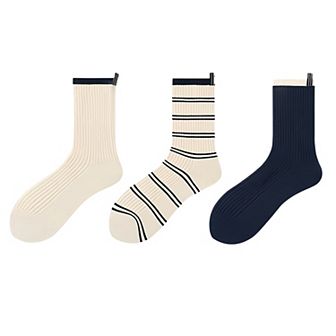 Women's Minimalist Stripe Crew Socks 3-Pack Ribbed and Patterned Design in Neutral Tones