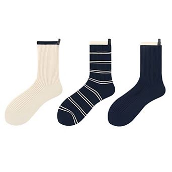 Women's Minimalist Stripe Crew Socks 3-Pack Ribbed and Patterned Design in Neutral Tones