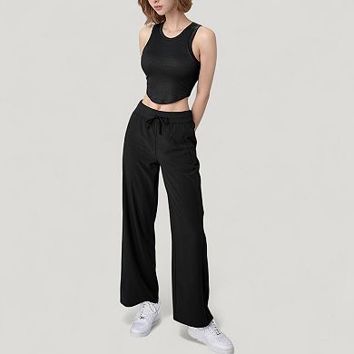 Women's High Waist Wide Leg Pants with Drawstring Waist and Front Pockets