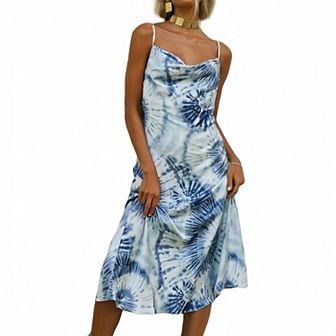 Women's Tie Dye Midi Slip Dress with Cowl Neckline and Spaghetti Straps