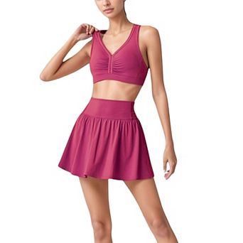 Women's High Waist Pleated Athletic Skirt and Sports Bra Set with Wide Waistband and Stretch Fit